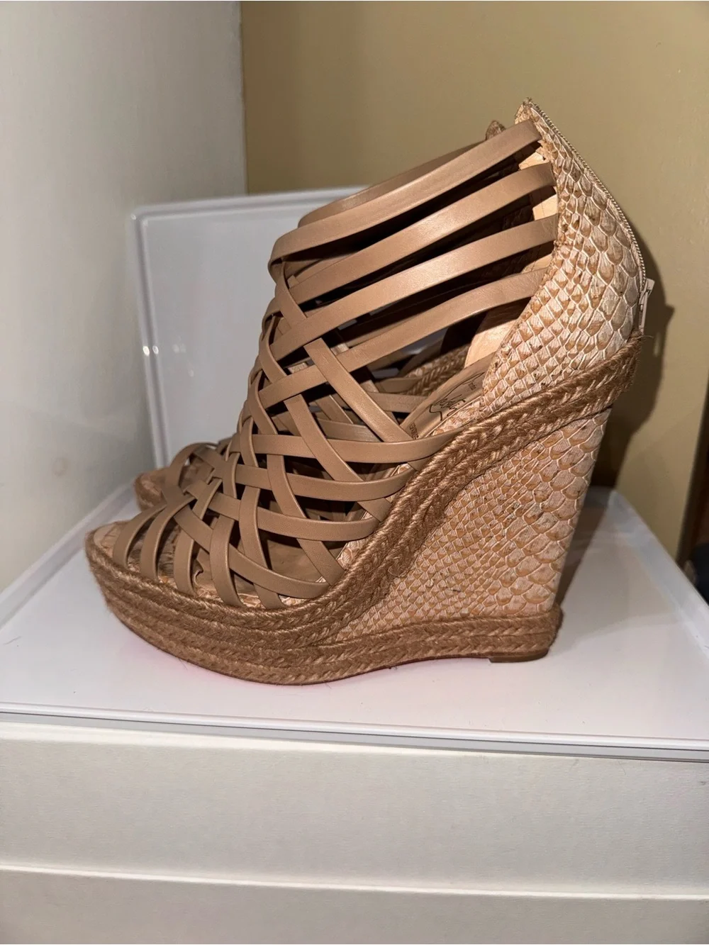 Christian Louboutin Braided Espadrille Wedge Sandals - Beige